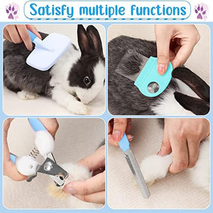 VCZONE Small Animal Grooming Set: Pet Nail Clipper & File, Flea Comb, Shampoo Brush, Shedding Slicker Brush, Massage Glove, Cleaning Comb (Blue)