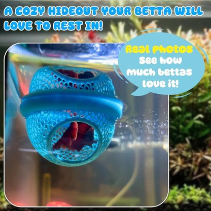 Blue Floating Betta Hide & Shrimp Cave: 3-in-1 Aquarium Hammock, Feeder & Resting Spot for Betta Fish, Shrimp & Small Fish | Eco-Safe PLA