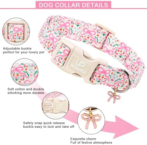Cute Floral Cotton Dog Collar with Pink Bow Charm, Soft Adjustable Puppy Collar with Durable Quick Release Buckle for Small Medium Dogs Girl Pets