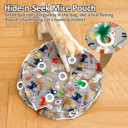 Cat Toys for Indoor Cats, Interactive Ball & 9 Holes Play Mat, Hide-n-Seek Exercise Game, Automatic Ball in Pouch, Mouse Squeaky Stimulating Toy, Motion Activated Kitten Enrichment Toys