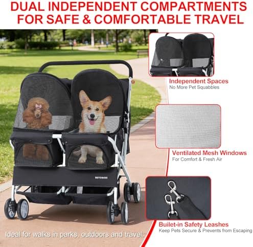 Double Pet Stroller for 2 Small Dogs & Cats, Side-by-Side Twin Travel Carriage with Safety Leashes, Mesh Windows & Double Storage Baskets, Lightweight & Foldable, 44lbs Capacity, Black