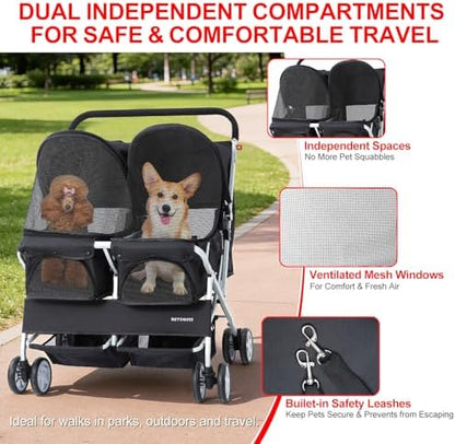 Double Pet Stroller for 2 Small Dogs & Cats, Side-by-Side Twin Travel Carriage with Safety Leashes, Mesh Windows & Double Storage Baskets, Lightweight & Foldable, 44lbs Capacity, Black