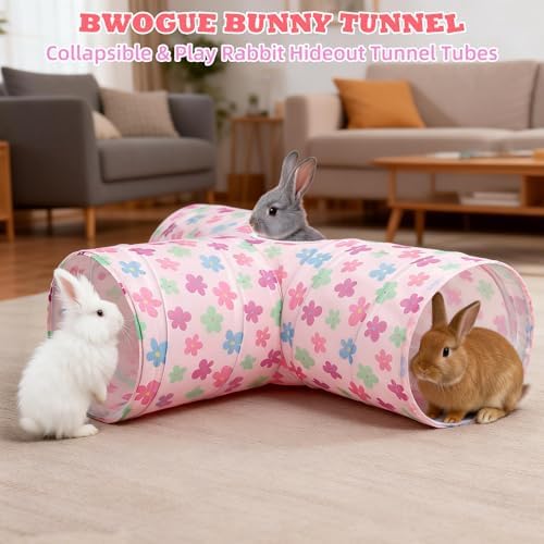 BWOGUE Bunny Tunnels & Tubes, 3-Way Collapsible Rabbit Hideout for Bunnies