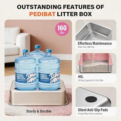 Stainless Steel Litter Box with Lid, Extra Large Enclosed Cat Litter Pan for Big Cats, High Sided Metal Litter Box with Enclosure, Front & Top Entry, Easy Clean, Anti-Leakage, Includes Scoop, Pink