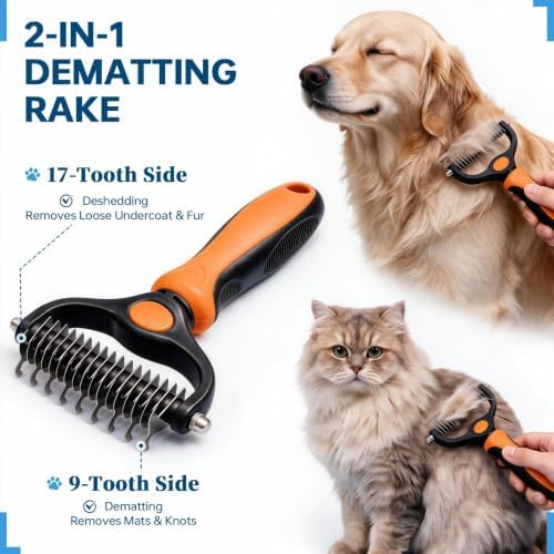 Pet Grooming Comb, Deshedding Dog Brush & Undercoat Rake, Orange