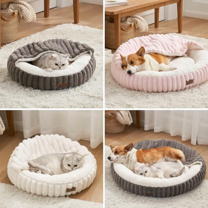 COZY KISS Hooded Blanket Cat Bed – 20"x20" Round Fluffy Donut Cuddler for Cats & Toy Dogs, Anti-Anxiety Faux Fur Pet Bed, Machine Washable with Non-Slip Bottom, Cream