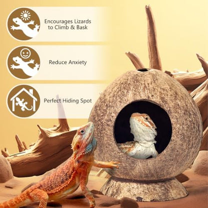 PINVNBY 2 Pcs Natural Coconut Shell Reptile Hideouts Crested Gecko Tank Accessories for Small Lizard Leopard Gecko Spider Snail Hermit Crab Hideout