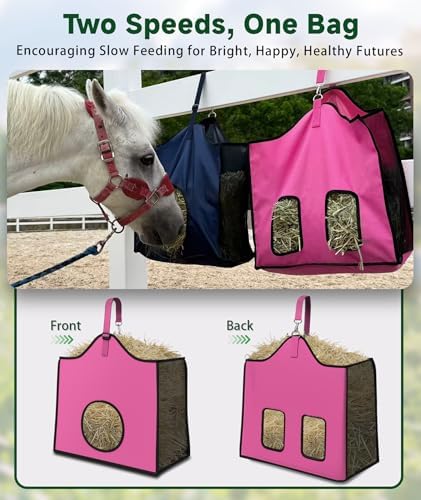 Hay Feeder for Goats and Horses - Slow Feed Design, Heavy Duty Hanging Hay Bag for Barn, Trailer & Paddock, Easy to Hang & Clean(2pcs, Pink)