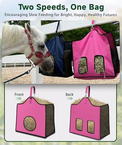 Hay Feeder for Goats and Horses - Slow Feed Design, Heavy Duty Hanging Hay Bag for Barn, Trailer & Paddock, Easy to Hang & Clean(2pcs, Pink)