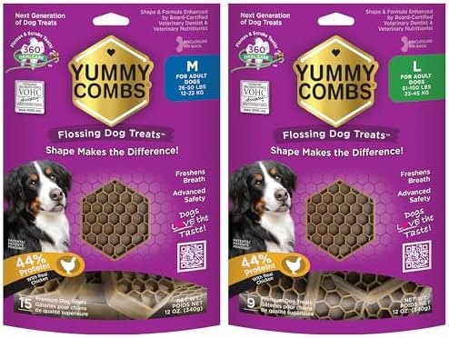 Yummy Combs Dog Dental Treats – Vet VOHC Approved – Delicious Chicken Protein – Removes Tartar with Cleaning Comb Shape – Medium 12oz and Large 12oz