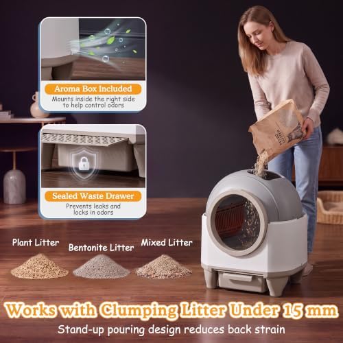 Greesum Enclosed Self-Cleaning Cat Litter Box, 90L XL, App Control, Quiet