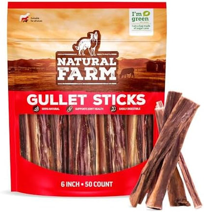Natural Farm Gullet Sticks (6 Inch, 50 Pack) - One Ingredient Beef Esophagus Chews - Fully Digestible, Promotes Joint & Dental Health, for Pups, Small & Senior Dogs
