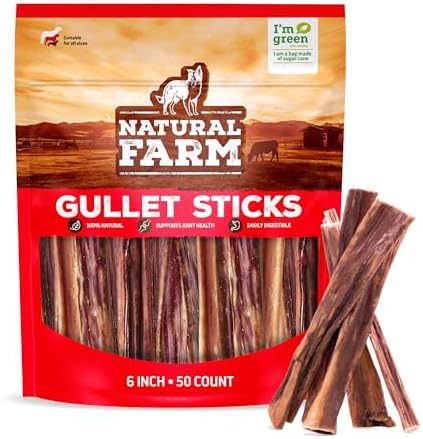 Natural Farm Gullet Sticks (6 Inch, 50 Pack) - One Ingredient Beef Esophagus Chews - Fully Digestible, Promotes Joint & Dental Health, for Pups, Small & Senior Dogs