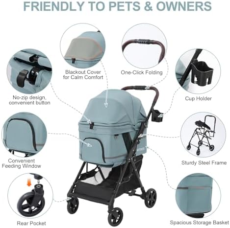 Dog Stroller with No-Zip Buckle Canopy, fits 2 Small Cats or 1 Medium pet,44 lbs Capacity One-Hand Fold,Lockable Front Wheels, Rear Brake