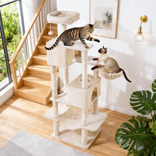 Cat Tree for Indoor Cats, 66 Inches Cat Tower with Scratching Post, Multi-Level Climbing Tree Cat House Padded Plush Perch, Cat Condo Activity Center with Pompoms, Kittens Pet Play House, Beige