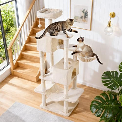 Cat Tree for Indoor Cats, 66 Inches Cat Tower with Scratching Post, Multi-Level Climbing Tree Cat House Padded Plush Perch, Cat Condo Activity Center with Pompoms, Kittens Pet Play House, Beige