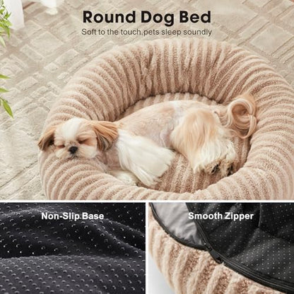 MIXJOY Dog Bed Medium Size Dogs, Washable Medium Dogs Bed with Removable Cover, Cozy Donut Dog Ded Fluffy Plush Faux Fur Pet Bed with Anti-Slip Bottom, 30"x30"x8", Beige