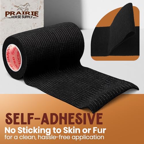 24 Pack Premium Vet Wrap - Self Adhesive Bandage Wrap & Athletic Tape - 4" x 5 Yards Elastic & Self-Sticking Cohesive Bandage for Pets, Sports, Wrists & Ankles - Black by Prairie Horse Supply
