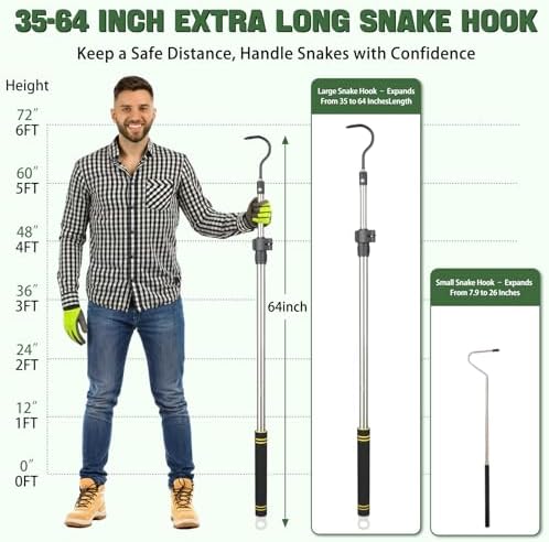 2pcs Snake Hook Set, Telescopic Snake Catcher Stainless Steel Snake Handling Tool for Moving Ball Rattlesnakes Python Copperhead with Long Handle (35-64inch&26inch)