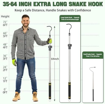 2pcs Snake Hook Set, Telescopic Snake Catcher Stainless Steel Snake Handling Tool for Moving Ball Rattlesnakes Python Copperhead with Long Handle (35-64inch&26inch)