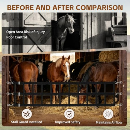 Horse Stall Guards with Adjustable Straps, High Tenacity Nylon Barn Door Guards with Screw Eyes and Open-End Snaps for Barn Ventilation & Safety, 20''H x 12'L, Black