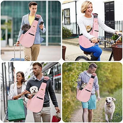CUBY Adjustable Dog Cat Sling Carrier with Padded Hard Bottom Pet Carrier Sling Soft Carrying Puppy Bag for Small Dogs Cats Outdoor Travel(Pink Senior)