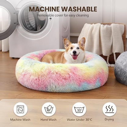 Donut Dog Bed Medium Size Dog, Round Cat Beds for Small Medium Dogs and Cats with Washable Fluffy Faux Fur, Cute Comfort Pet Bed with Anti-Slip Bottom, Rainbow, 30"
