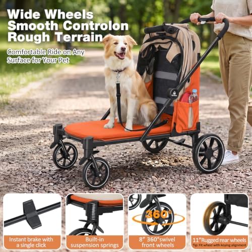 Dog Stroller for Medium Dogs 88lbs W/Ramp for Easy Access Foldable Orange