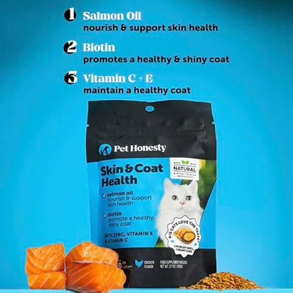 Cat Skin & Coat Supplement Crunchy Creamy Chews - Salmon Oil for Cats Omega 3 Itchy Dry Skin Relief - Feline Shedding Control - Biotin Vitamins for Indoor Cats Shiny Soft Coat (30-Day Supply)