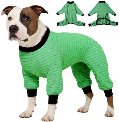LovinPet Big Pitbull Dog PJs, Pitbull Clothes, Green and Grey Stripe, M
