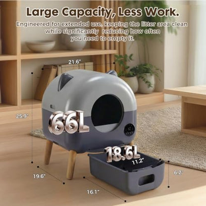 GTPLAYER Self Cleaning Litter Box, Automatic Cat Litter Box - APP Control and Weight Monitoring, Safety Sensors Protection, Ultra-Quiet, Odor Control, Includes Trash Bag& Scrub Brush, Deep Gray