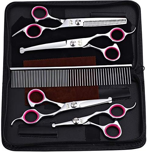 Dog Grooming Kit with Round Tip, 6 in 1 Cat Dog Grooming Scissors, Stainless Steel Pet Grooming Shears for Full Body, Face, Nose, Ear and Paw (pink)