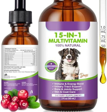Dog Multivitamin, 15 in 1 Multivitamin for Dogs, Dog Vitamins Liquid Supplements Drops for Hip & Joint, Skin & Coat, Immune, with Glucosamine and MSM, 2 Oz