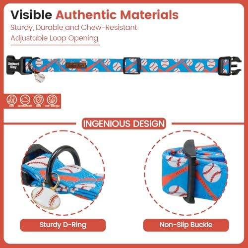Lionheart glory Cute Dog Collar - Baseball Dog Collars, Blue Adjustable Pet Collar for Medium Dogs Puppy Male Female Summer Pet Collars