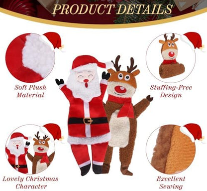 PAWCHIE Christmas Squeaky Dog Toys for Small Medium Large Dogs, No Stuffing Crinkle Puppy Toys, Soft Pet Plush Teething Toys 2 Packs Chew Toys Santa Claus Reindeer Shape for Boredom