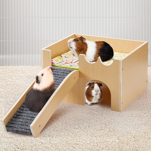 MEWTOGO Upgraded Sturdy Wooden Guinea Pig Castle with Stairs & Mat
