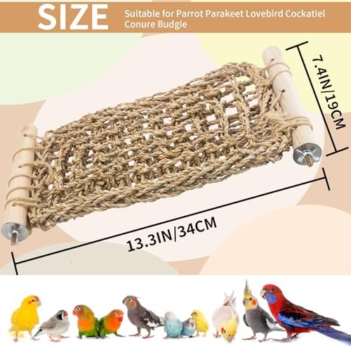 FlidRunest Conure Ladder Perch for Cage, Bird Seagrass Ladder Bridge Exercise Stands, Natural Hand-Woven Parrot Net Climbing Chewing Hammock, Cage Accessories