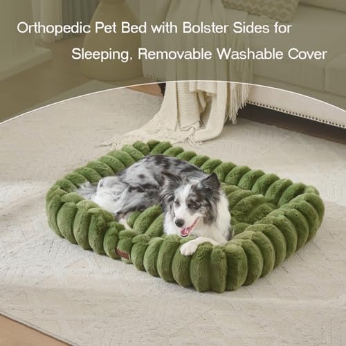 Luxury Dog Beds,Large Sized Dog Washable Furry Pet Beds,Comfort Rectangle Pet Sofa Couch with Ultra,Puppy Beds with Removable Zipper Cover,30x25x7.5inches,Sage Green