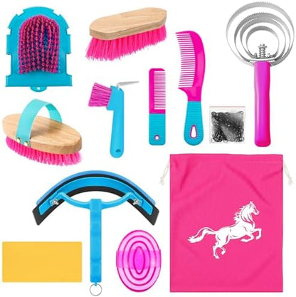 Abbylike 12 Pieces Horse Grooming Kit Equine Care Brushes, Rose Red