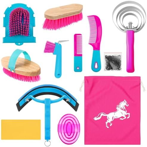Abbylike 12 Pieces Horse Grooming Kit Equine Care Brushes, Rose Red