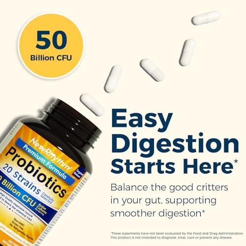 NewRhythm Probiotics 50 Billion CFU 20 Strains, 120 Veggie Capsules, Targeted Release Technology, Stomach Acid Resistant, No Need for Refrigeration, Non-GMO, No Gluten