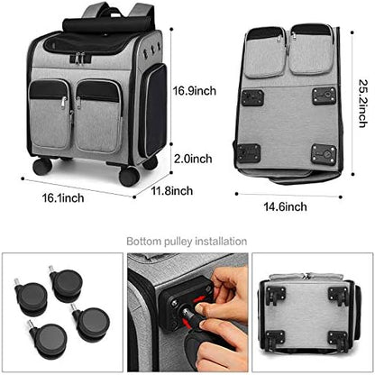 Wheeled Pet Carrier Backpack Pet Stroller, Travel Carrier, Car Seat for Small Dogs Cats Puppies, Comfort Cat Backpack Removable Rolling Wheels – Mesh Ventilation Windows (Large Grey)
