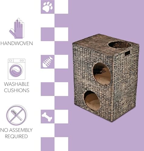 CHS1000B Jaxon 18" Modern Classic 2-Tier Handwoven Hyacinth Rectangular 5-Hole Cat Condo with 2 Machine-Washable Cushions, Brown