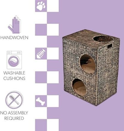 CHS1000B Jaxon 18" Modern Classic 2-Tier Handwoven Hyacinth Rectangular 5-Hole Cat Condo with 2 Machine-Washable Cushions, Brown