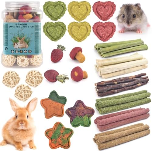 ERKOON 53 Bunny Chew Toys for Rabbits Teeth, Natural Rabbit Toys Apple Wood Sticks, Carrot, Timothy Grass for Small Pets, Hamster, Chinchilla, Guinea Pig Dental Care and Treat Teething(53)