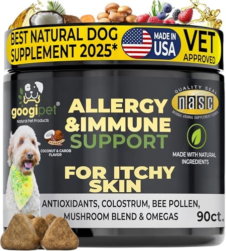 Googipet Dog Allergy Chews, Seasonal Dog Allergy Relief & Itchy Skin Relief, Skin & Coat Supplement Colostrum, Coconut Oil, Omega 3 Fish Oil, & Bee Pollen for Dogs Itch Relief