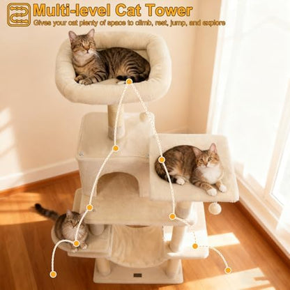 DORTALA Cat Tree for Indoor Cats, 58" Tall Cat Tower with Top Perch, Condo, Hammock, Sisal Scratching Posts, 3 Dangling Balls, Platforms, Multi-Level Pet Climbing Furniture Playground (Beige)