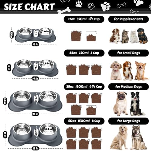 AsFrost Dog Food Bowls Stainless Steel Dog Food & Water Bowl Set with No Spill No Slip Silicone Mat, Dog Dishes for Small Medium Size Dogs Pet Cat Puppy Food Feeding Bowls, Grey, 24oz, 3 Cup