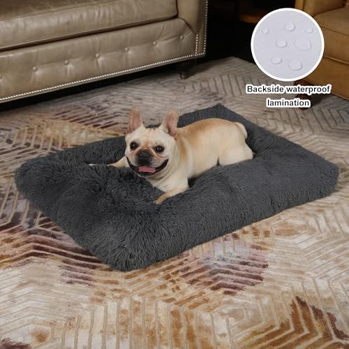 Bedfolks Waterproof Dog Crate Bed, Plush Dog Pad, 35"x23", Solid Dark Grey