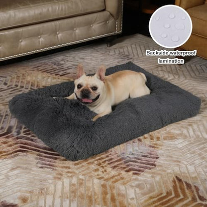 Bedfolks Waterproof Dog Crate Bed, Plush Dog Pad, 35"x23", Solid Dark Grey